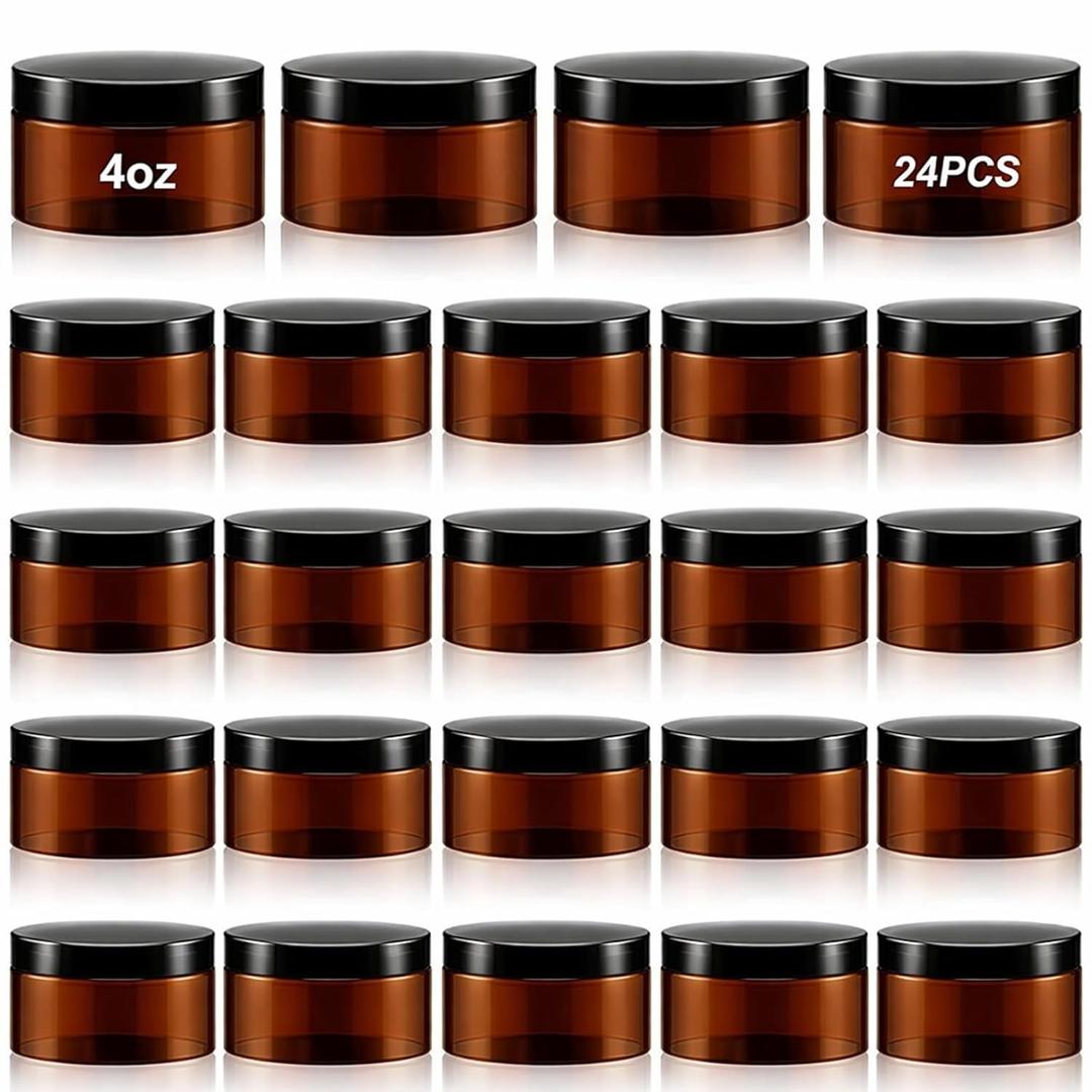 Dandat 24 Pcs 4 oz Plastic Jar Container with Lid and Label Refillable Empty Round Amber PET Cosmetic Sample Slime Containers for Lotion, Cream, Ointments, Body Butter, Makeup, Travel Storage