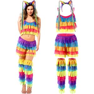 Pinata Halloween Costume for Women Multicolor Headband Leg Warmers Bikini Set for Halloween Cosplay (Medium)