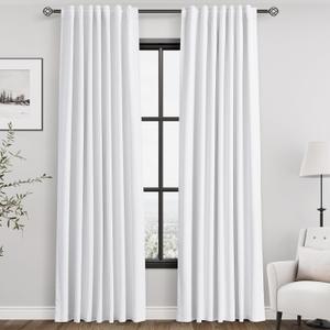 White Linen Blackout Curtains 84 Inches Long 2 Panels for Living Room Back Tab Modern Cotton Textured Pure White Black Out Curtains Heating Blocking Linen Curtain Panels for Bedroom Nursery Kids