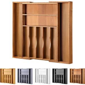 Large Premium Acacia Silverware Organizer - Expandable Drawer Organizer & Utensil Organizer - 17"x19.7" Cutlery Tray with Dividers for Kitchen Utensils and Flatware (7-9 Slots) Acacia