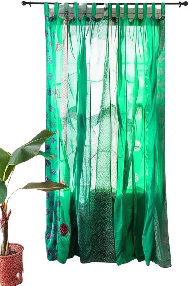 RAJBHOOMI HANDICRAFTS Assorted Sari Colorful Curtains Light-Filtering  Boho Curtains, Bed Canopy Panel, Tapestry or Window Treatment (Rama Green)