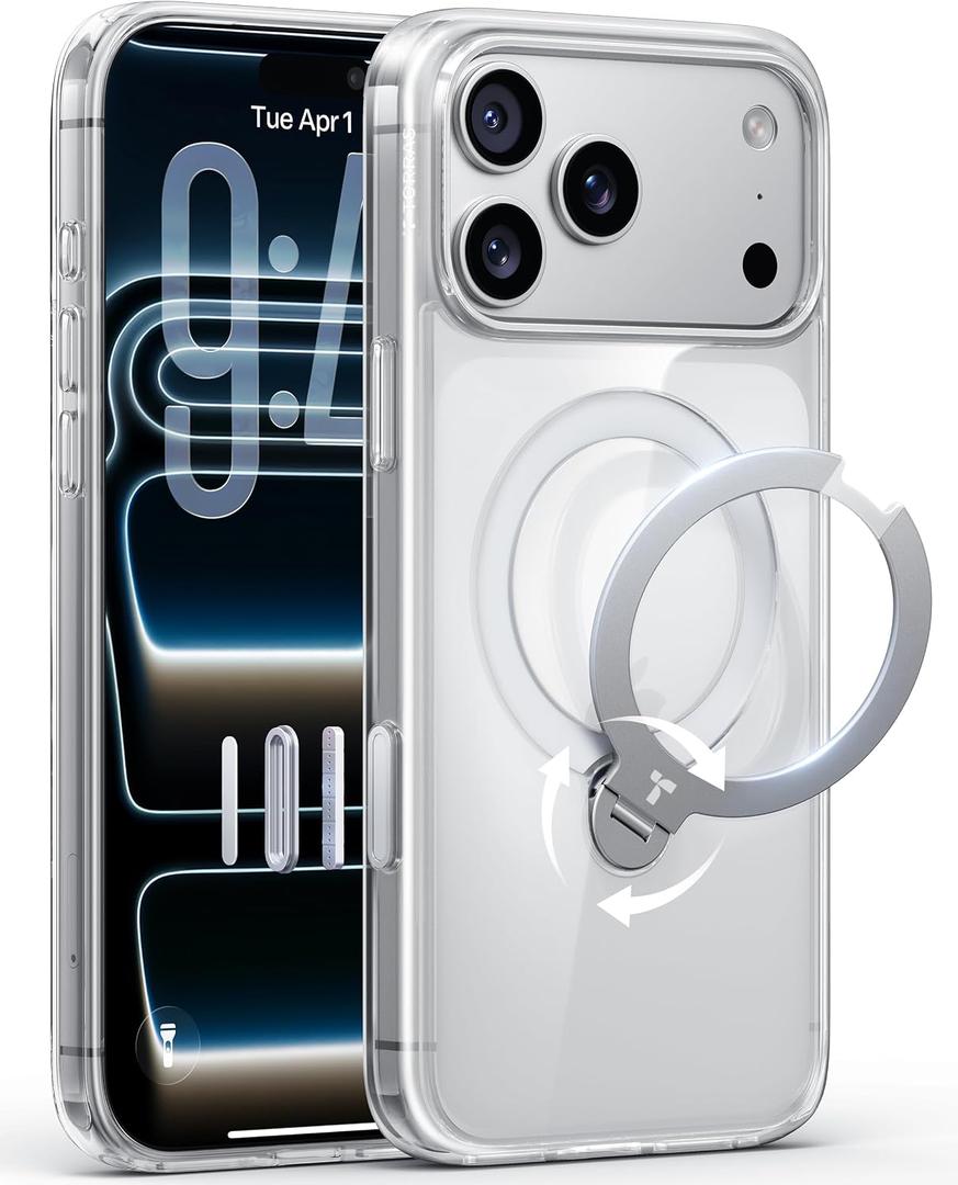 TORRAS 360 Magnetic Stand for iPhone 17 Pro Max Case, Fit for MagSafe, Non-Yellowing Clear Case for iPhone 17 Pro Max Phone Case with Kickstand & Camera Control, Hard PC Protection, Q3 Spin