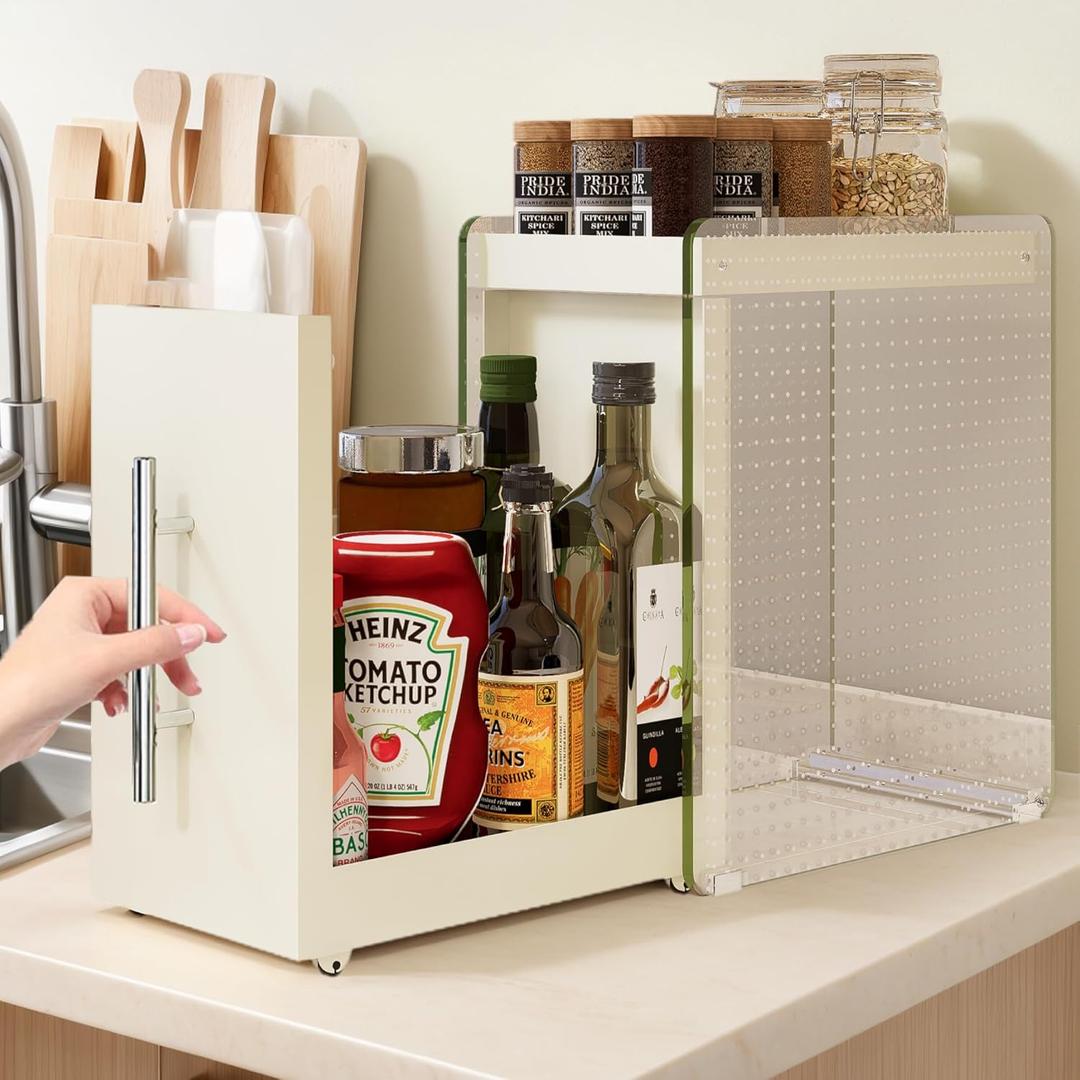 Pull Out Spice Rack Condiment Organizer for Countertop - 2-Tier Slide Out Seasoning Kitchen Organizer with Grease-Free Design - Suitable for Taller Bottles - Alternative to Lazy Susan (2-Tier Large)