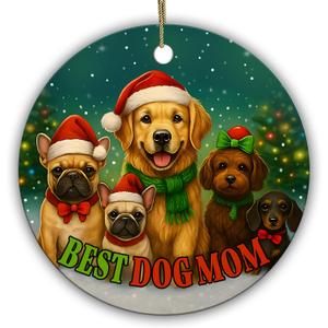 Best Dog Mom Ornament Funny for Puppy Lovers, Women, Pet Moms Cute Holiday Keepsake with Santa Dogs 2.9" Round Ceramic Ornament with Cord