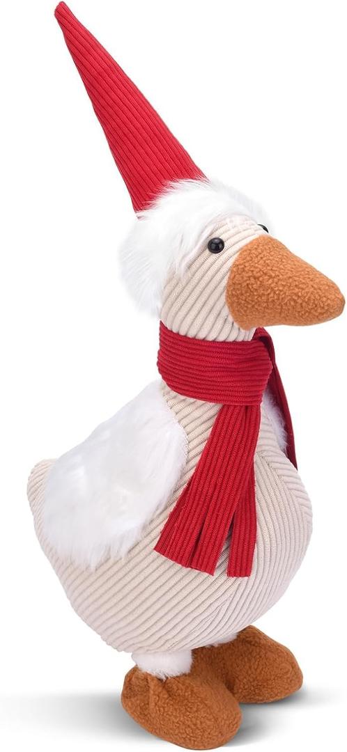 Original Cute Duck Figurine with Santa Hat and Red Scarf for Winter Christmas Decoration, Lovely and Lucky Furry Animal Doll, Come with Giftbox