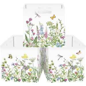 Clastyle Flowers Storage Cube Organizer Set Handle Closet Clothes Cube with Metal Frame Foldable Parents Organizer Storage Basket for Book Toy,Green,11.8x11.8x11.8 in