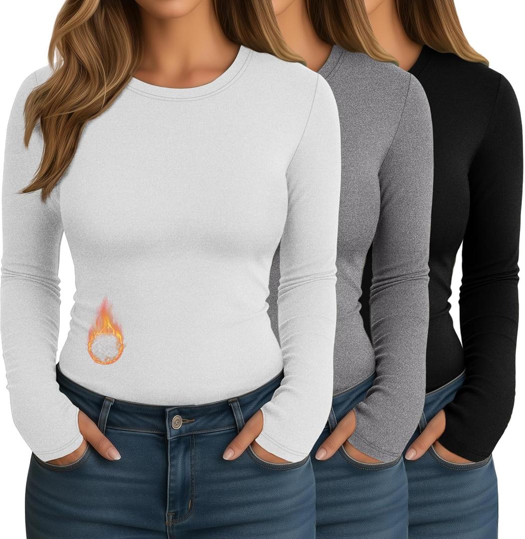 3 Pack Women's Plus Size Thermal Shirts Fleece Lined Long Sleeve Crew Neck Tops Slim Fit Shirts with Thumb Holes (XX-Large, Black, White, Gray)