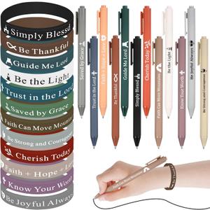 Glenmal 24 Pcs Bracelets Christian Pens Set Christian Gifts Black Ink Ballpoint Pens Silicone Wristbands Colored Rubber Bracelets for Kids Nurse Teachers Church Office Supplies (Dark Color, Bible)