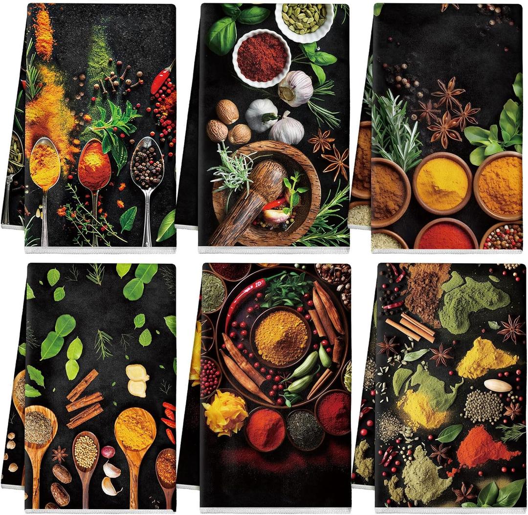 Breling Set of 6 Colorful Spices Kitchen Towel Set Microfiber Dish Towels Decorative Absorbent Hand Tea Towels for Kitchen Bathroom Home Cooking Baking Herb Coffee Bar Rustic Towel Gifts, 14 x 21 Inch (Multicolor)