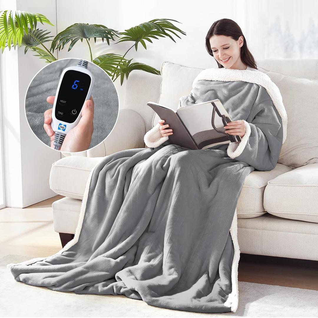 Sealy Electric Blanket Wearable with Foot Pocket, Electric Snuggle Blanket with Sleeves, Flannel & Sherpa Heating Throw with 6 Heat Settings & 210 Hours Auto Shut Off, 50 * 70"+18", Light Grey