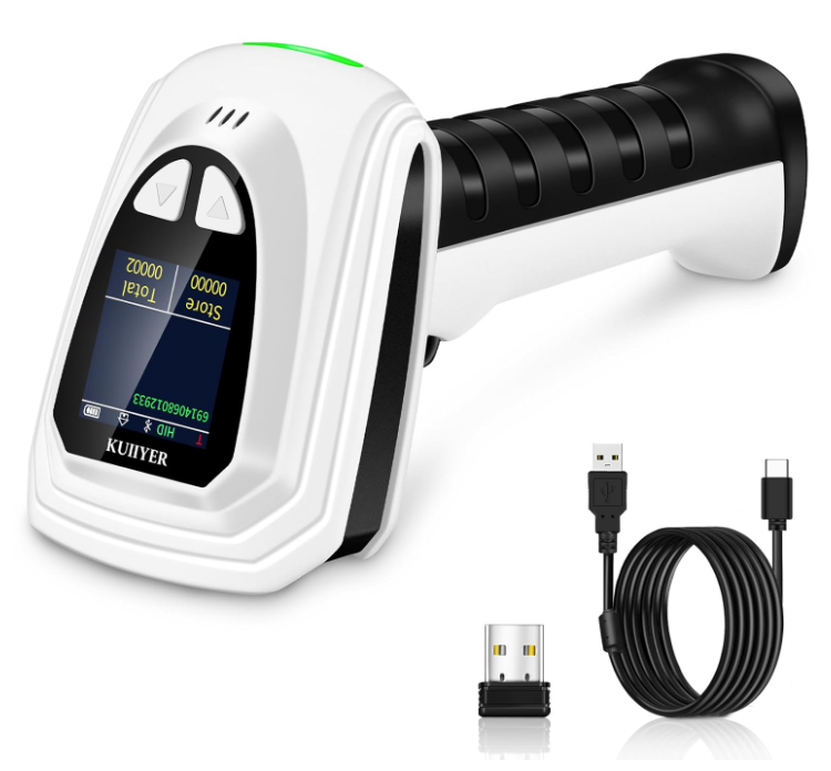 KUIIYER 1D QR 2D Barcode Scanner, Bluetooth Wireless Bar Code Scanners with Setting Keypad & LCD Screen Display & AI Voice, Handheld Barcode Reader for iPhone, Android, iPad, Tablet, Computers & POS