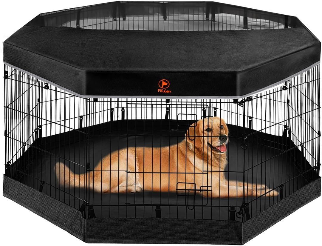 PJYuCien Dog Playpen - Metal Foldable Dog Exercise Pen, Pet Fence Puppy Crate Kennel Indoor Outdoor with 8 Panels 30H & Top Cover and Bottom Pad for Small Medium Pets