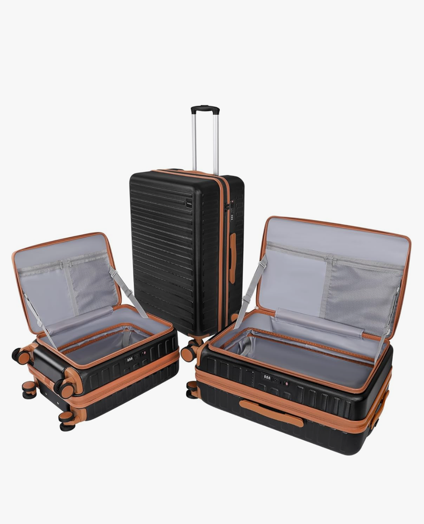 20/24 Top Opening Hardshell Lightweight Luggage and 28-Inch Clamshell Opening Suitcase with Spinner Wheels & TSA Locks, Black Brown, 20in/24in/28in