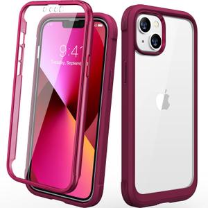 Diaclara Designed for iPhone 13 Case, Full Body Rugged Case with Built-in Touch Sensitive Anti-Scratch Screen Protector, Soft TPU Bumper Case for iPhone 13 6.1" (Wine Red and Clear)
