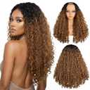 LEEONS 22 Inch Deep Wave U Part Wig for Black Women - Long Synthetic Curly Hair with Unique Bouncy Ends, Glueless U Shape Half Wigs Heat Resistant Fiber, Ombre Auburn Brown (T30)