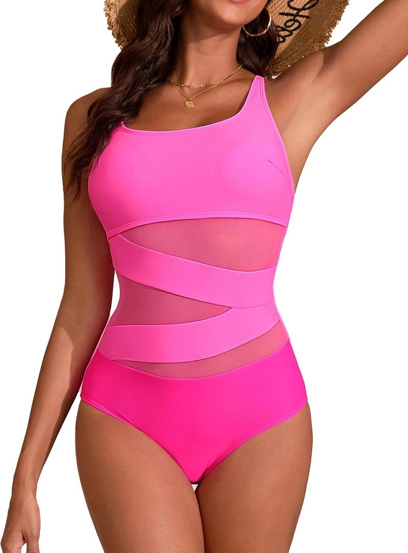 Edelqual Women's Sexy One Piece Bathing Suits Tummy Control Slimming Mesh Modlily Swimsuits for Women 2026 Swimwear (Pink, L)