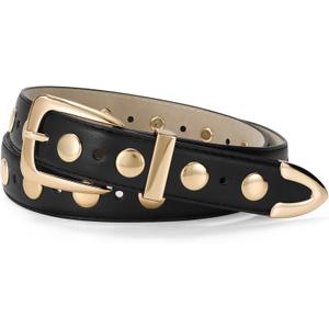 JASGOOD Women Leather Belt Fashion Studded Belt Ladies Punk Belt Vintage Leather Belt for Jeans Dress (Suit for waist size 27"-31", Gold Black)