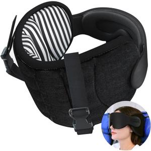 SARISUN Travel Pillows for Airplanes, Airplane Pillow for Long Flight Car Road Trip, Airplane Head Strap with Sleep Eye Mask, 360 Support Headrest, Stop Bobblehead Travel Neck Pillow, Stripe Black