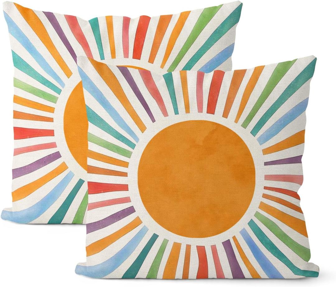 Summer Pillow Covers 18x18 Set of 2 Boho Sun Throw Pillows Yellow Blue Orange Stripes Sunshine Watercolor Rainbow Pillowcase Linen Boho Outdoor Decorations Cushion Case for Couch Sofa Decor