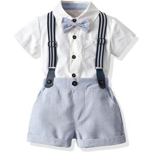 Volunboy Toddler Short Suspenders Outfits Baby Boys Summer Gentleman Suits Wedding Ring Bearer Bowtie Dressy Suits (White+Blue, 3-4T)