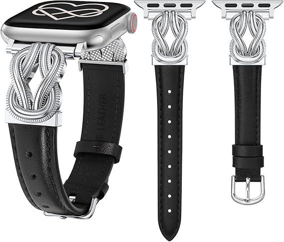 Wearlizer Leather Strap Compatible with Apple Watch Straps 40/38/41/44/42/45/46/49mm Women, Elegant Slim Dressy Straps with Celtic Knot Band for iWatch Series 11 10 9 8 Ultra SE 7 6 5 SE 4 3 2 1