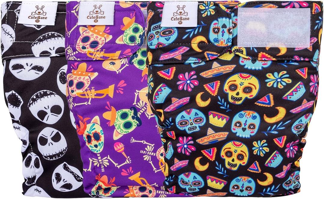CuteBone Washable Halloween Dog Diapers Female No Tail Hole 3 Pack Reusable Doggie Period Training Pants for Docked-Tail Frenchie French Bulldog Boston Terrier Without Tail WWD09M Medium