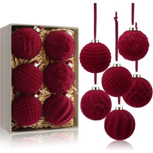 Jetec 12 Pcs Burgundy Velvet Christmas Ball Ornaments 2.36 Inch Flocked Xmas Tree Hanging Decoration Plastic Velvet Christmas Ornaments with 6 Styles for Xmas Holiday Party Decoration
