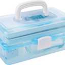 MyGift 13 Inch Transparent Blue Plastic Empty Multipurpose Storage Box with Handle, Latching Lid and 2 Expandable Trays for Tools, First Aid, Sewing Kit, Arts Crafts Supplies