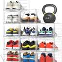 Pinkpum Upgraded Hard Shoe Storage Box 12 Pack X-Large Fit Size 12, Thicken & Sturdy Clear Plastic Stackable Shoe Organizer Box Closet, Sneaker Storage Display Case Holder Bins with Magnetic Door