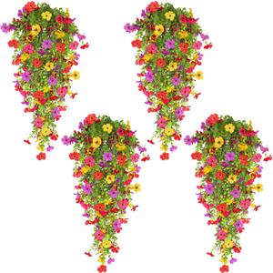 TURNMEON 4 Pcs Artificial Flowers for Outdoors Spring Summer Decor, Fake Hanging Plants UV Resistant Faux Plastic Greenery Hanging Flowers for Outside Gardens Porch Wall Home Indoor (Mixed Color) 