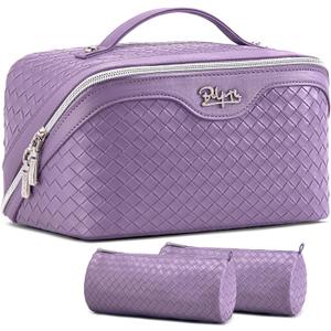 BOYATU Travel Makeup Bag Cosmetic Bags for Women: Large Capacity 3 Pcs Set Make up Bag with Compartments - Waterproof Vegan Leather Toiletry Organizer Bags with Handle (L01 Purple)