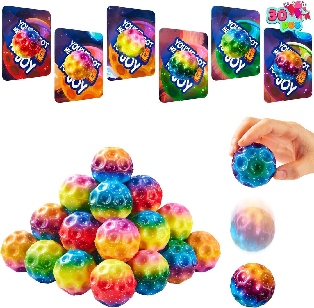 JOYIN 30 Pcs Valentine's Day Super High Bouncy Balls with Valentine Cards, Multicolored Stress Relief Spaceballs for Classroom Exchange Prizes, Valentine Party Favors