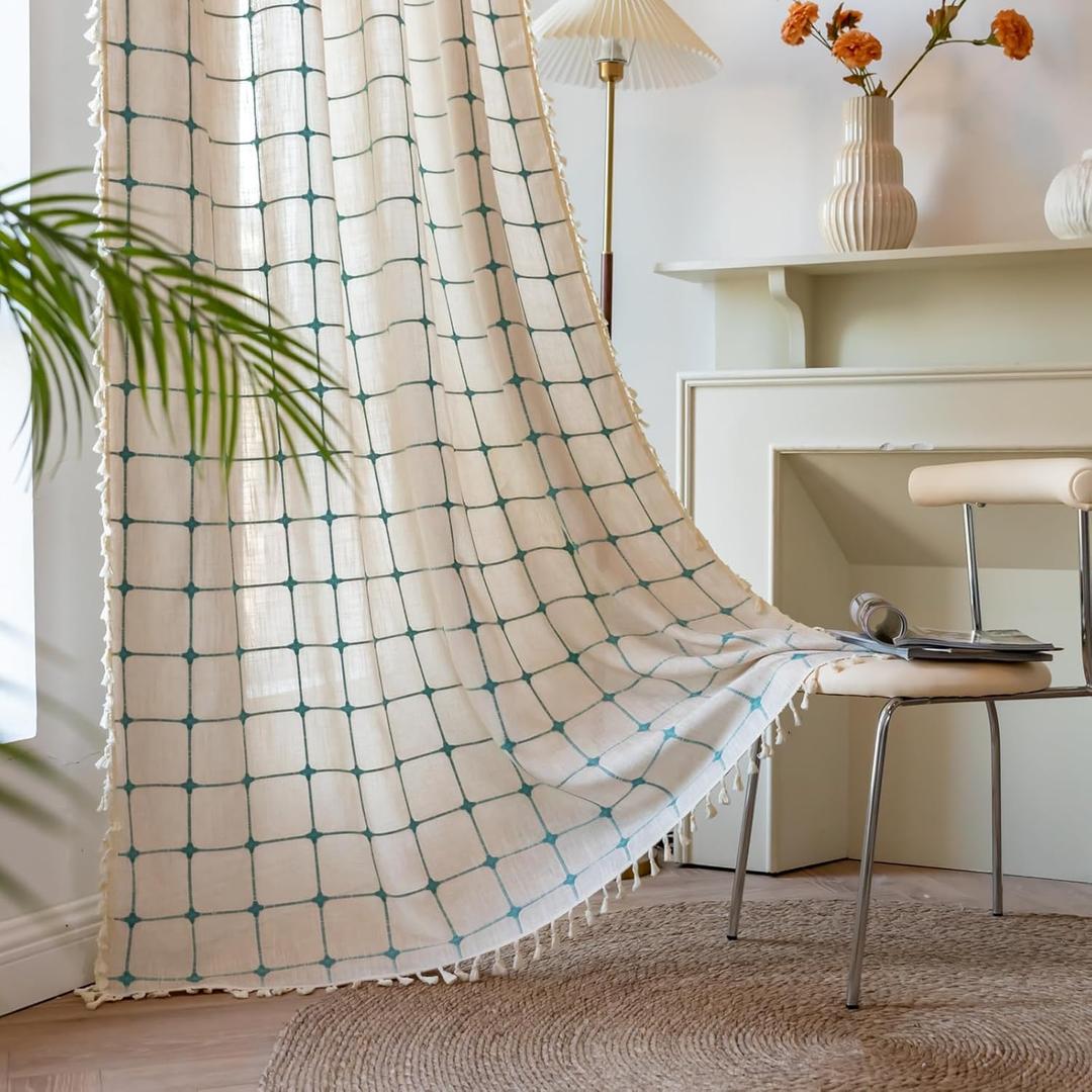 Deeprove Boho Curtains 84 Inches Long for Bedroom, Cotton Linen Plaids Turquoise Embroidery Semi Blackout Bohemian Farmhouse Window Treatment Grids Drape Tassels, 1 Panel W52 x L84 Beige