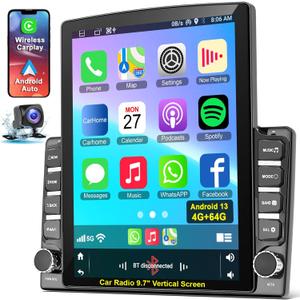 Double Din Car Radio, 9.7" IPS Vertical Touch Screen Stereo GPS Navigation Android 13 Head Unit, Support Wireless/Wired CarPlay & Android Auto, Bluetooth, FM, Backup Camera