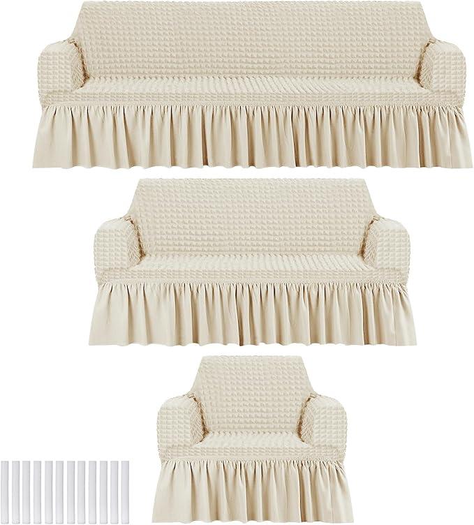 3 Pcs Sofa Slipcover Set for Couch Cushion Durable Washable High Elastic Stretchable Furniture Couch Covers with Skirt for Sofa Loveseat Arm Chair(Beige,Seersucker)