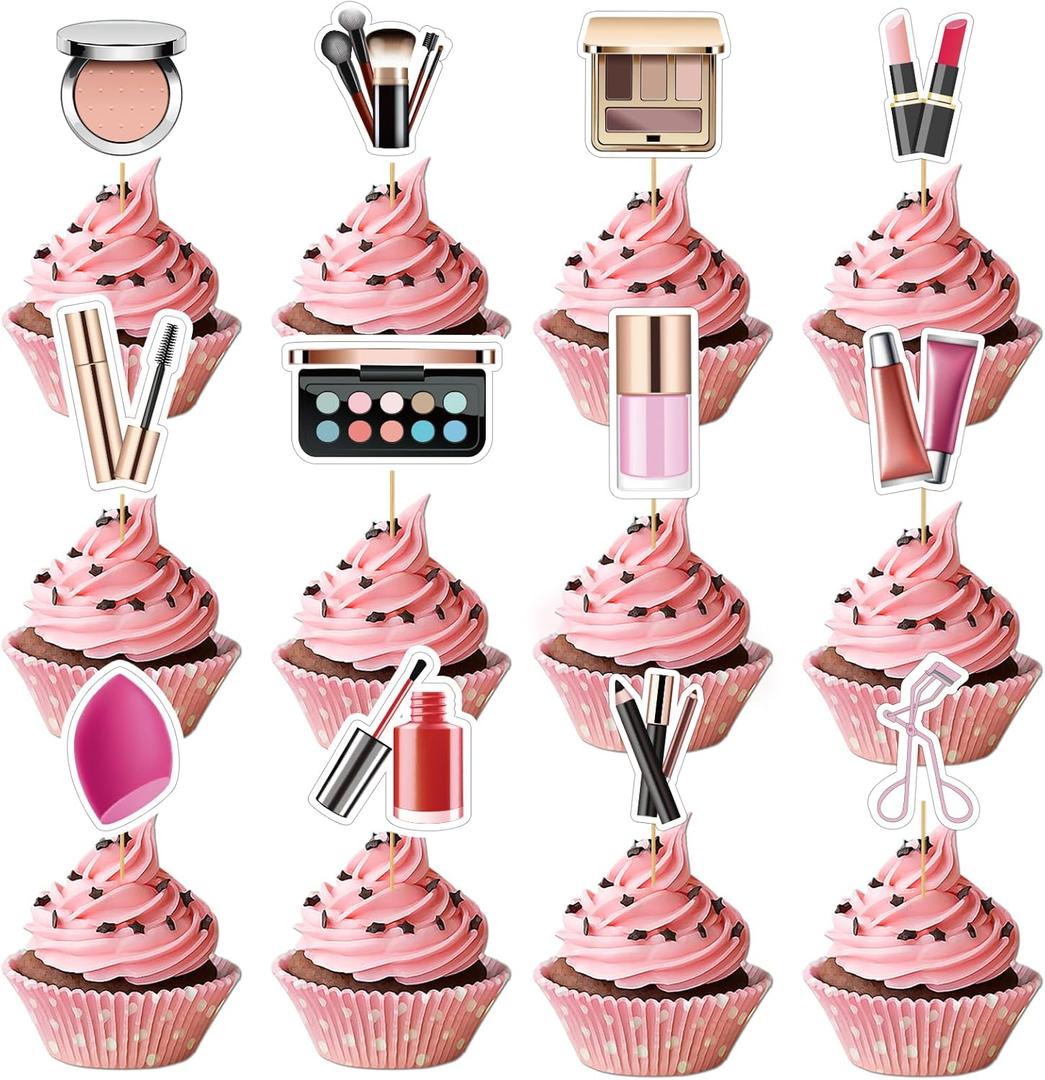 24PCS Makeup Cupcake Toppers - Makeup Cupcake Toppers for Girls Make-up Birthday Party Decorations Cosmetics Cake Toppers Make Up Party Supplies for Bridal Shower Cosmetics Party