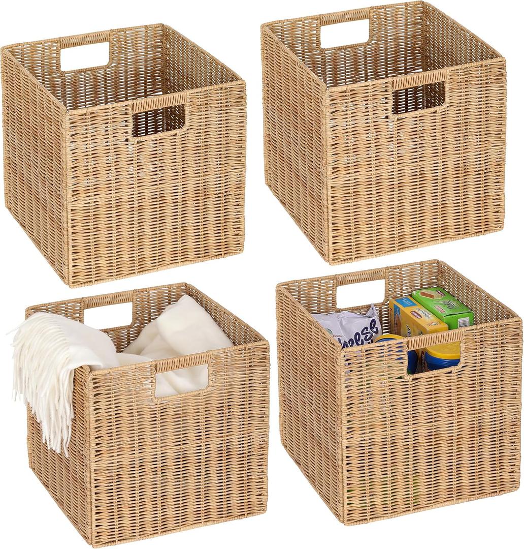 12x12x12inch Plastic Wicker Cube Baskets Large Square Foldable Handwoven Laundry Organizer,Set of 4Khaki
