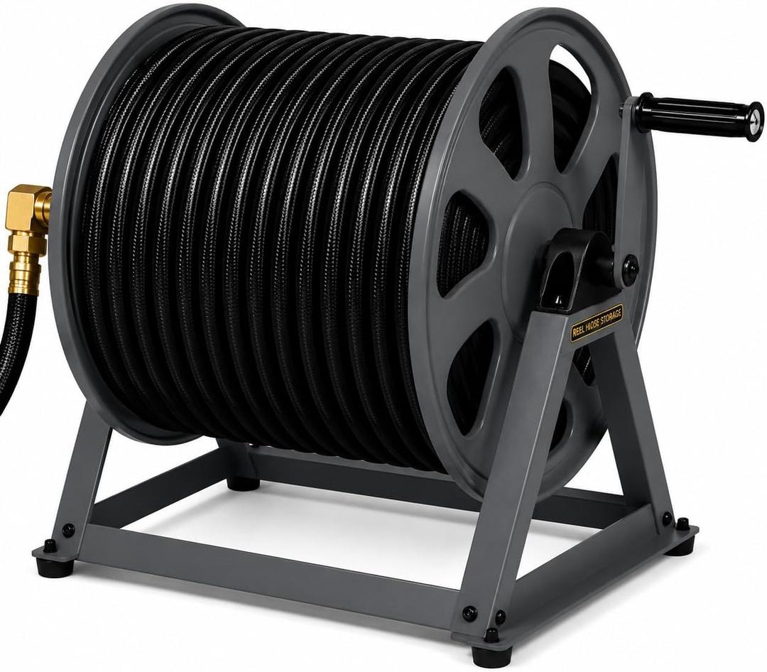 Real Hose Storage Dual Floor and Wall Mounted Garden Hose Reel, Holds 200ft of Water Hose, Heavy Duty Metal Hose Reel, Space Saving Hose Reel Organizer for Yard, Garage & Shed (Graphite)