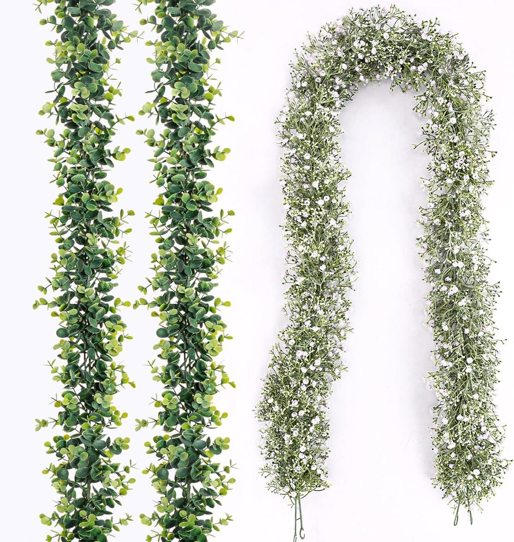 4PCS Faux Eucalyptus Garland Plant, Artificial Baby Breath Flower Vines Hanging Leaves Vines Hanging Leaves Greenery Wedding Backdrop Arch Wall Decor, Indoor Outdoor 5.8 Ft White & Green