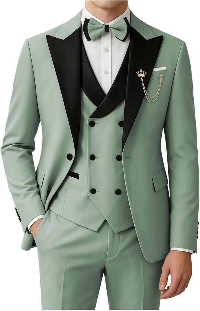 Men's Tuxedo Suit 3 Piece Slim Fit Suits with Bow Tie | Tuxedo jacket with black lapel,double breasted vest and pants,perfect for weddings, parties and business events
