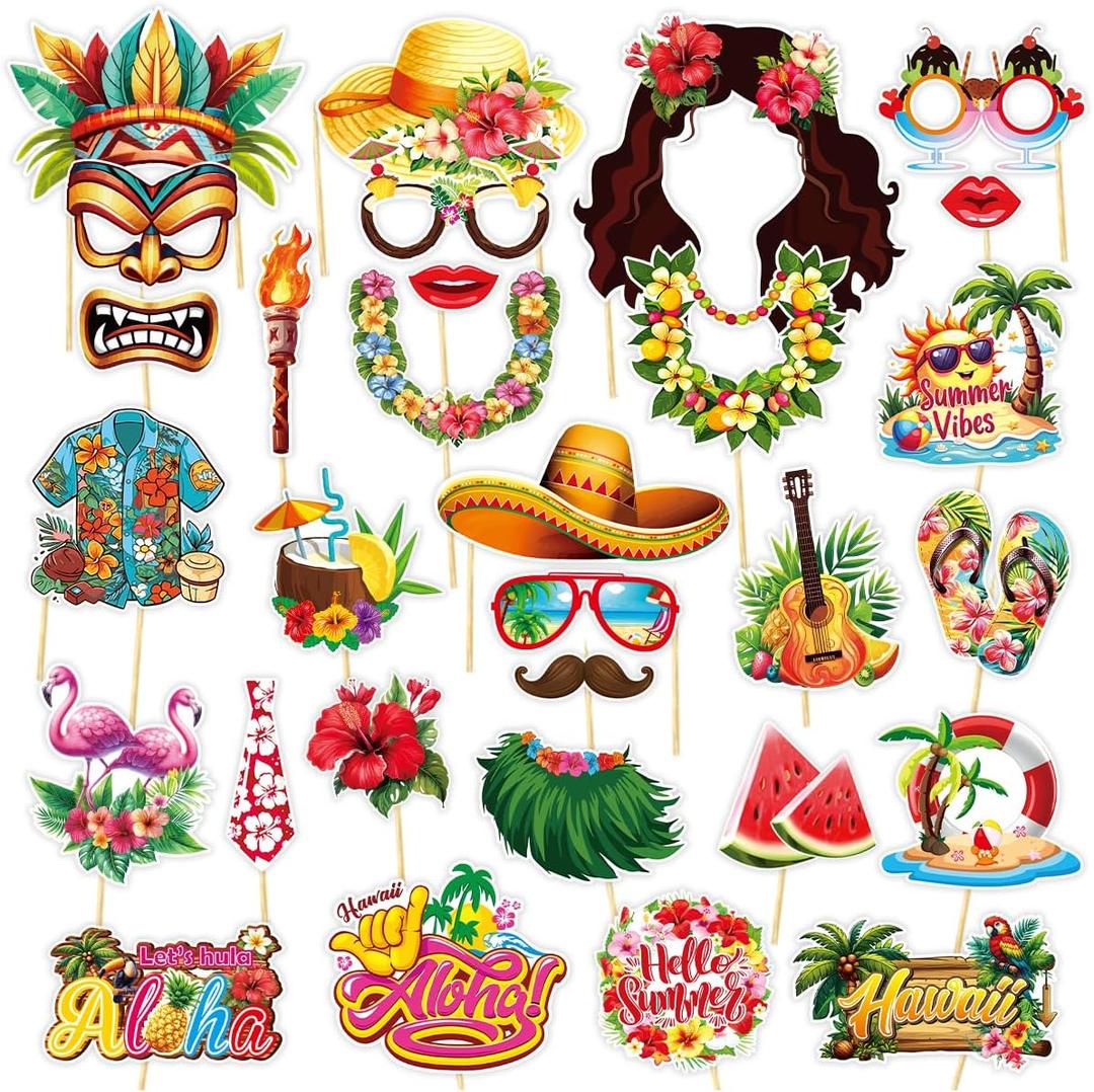 30 Piece Hawaiian Luau Photo Booth Props  Tropical Summer Party Decorations with Aloha Signs, Tiki Masks, Flower Leis Sunglasses Hats for Beach Wedding Birthday Baby Shower Pool Party Supplies (Yellow)