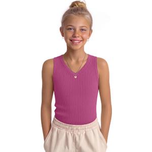 Girls' Tank Tops Sleeveless Shirts | Ribbed Knit, V Neck, Slim Fit, Summer, Casual, Basic Undershirts, Cute, for Kids 5-14Y, Teen, Solid Color, Back to School