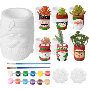 yiilead 6 Pcs Christmas Ceramics to Paint Succulent Planters,DIY Paintable Ceramics Figurines Kit Crafts with Brush Palette Paint for Adults Boys Girls(4.3 inch)