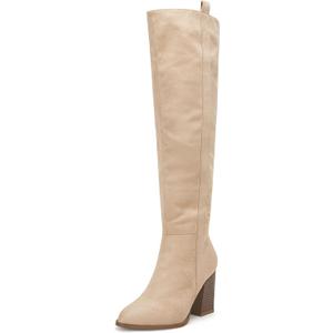 Ermonn Women's Faux Suede Knee High Side Zipper Chunky Heel Stretch Winter Boots (8.5, Beige)