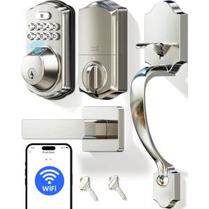Veise VE012W-H WiFi Smart Front Door Lock Set, Built-in WiFi, App Remote & Voice Control, Fingerprint Keyless Entry Smart deadbolt with Handle, Backlit Keypad, Auto Lock, IP55 Waterproof, Satin Nickel