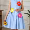 Girl's Cute 3D Floral Tank Dress Button Down Collar Sleeveless Flared Short Dresses (Blue)