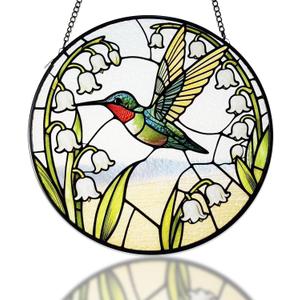 Hummingbirds Suncatcher Stained Glass, Hummingbird Suncatcher Ornament, Hummingbird Suncatcher for Grandma/Mom/Women (White Flower Bird)