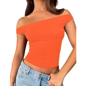 ForeFair Womens Off The Shoulder Tops Going Out Crop Top Slim Fitted Shirts Double Lined Summer Outfits Y2K Cute Tops (Small, Orange)