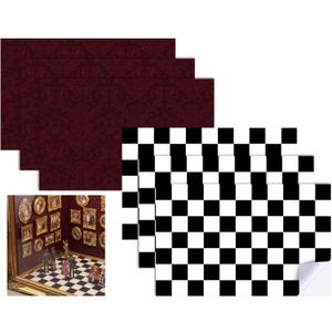 Lewtemi 6 Sheets Dollhouse Wallpaper & Flooring Set Self Adhesive Paper Mini Dollhouse Accessories for Miniature Museum Wall Floor DIY Mini Room Decor 11.8 x 7.9 Inch(Checkered Style,Red,Black White)
