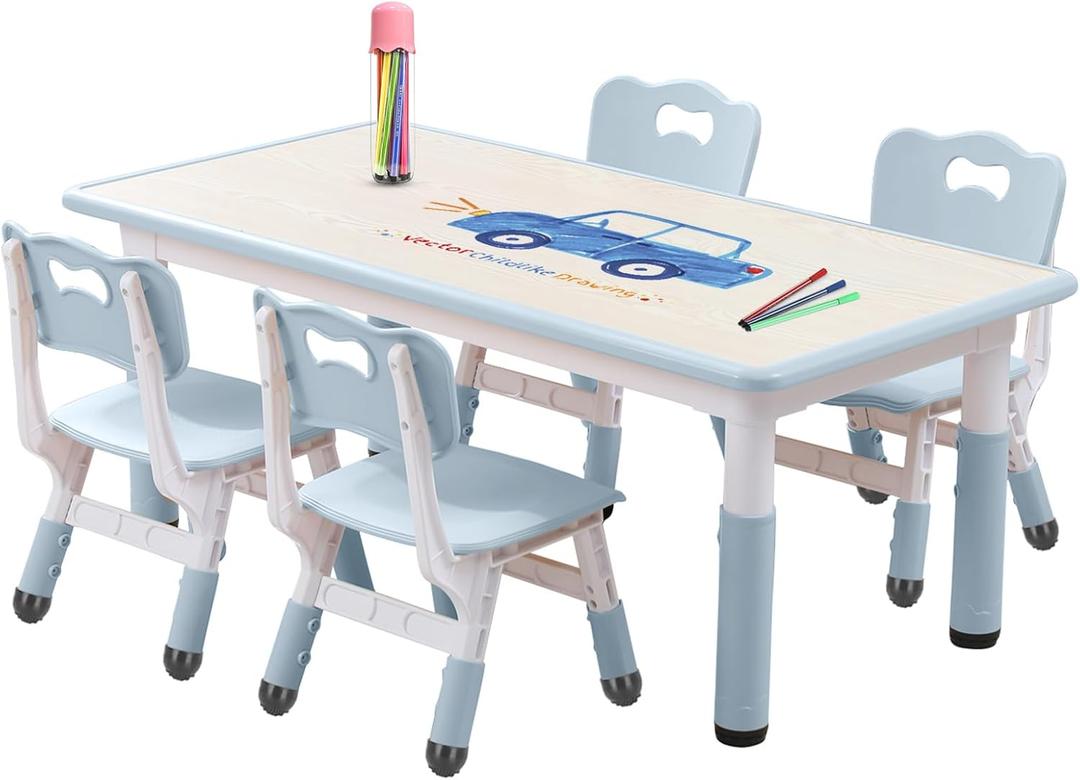 Kids Table and Chair Set for Toddlers - Adjustable Activity Center with Non-Slip Legs & Graffiti-Proof Surface Ages 3-12 (Woodbluegray)